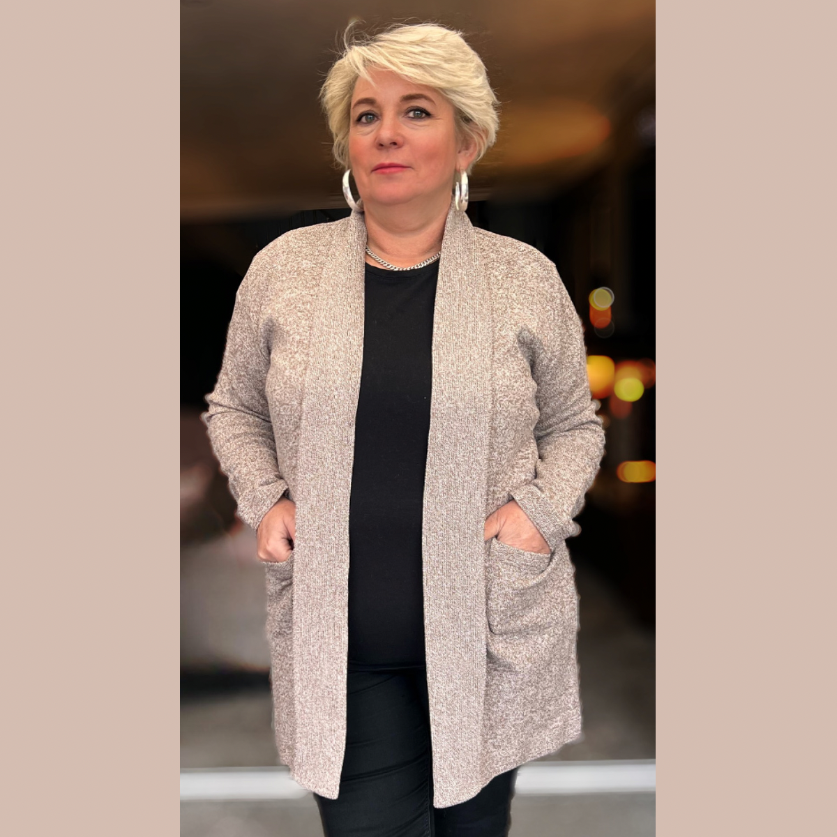 OPEN FRONT KNITTED CARDIGAN WITH FRONT POCKETS