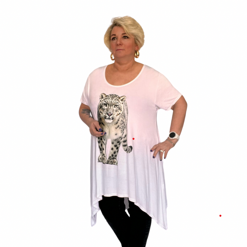 SHORT SLEEVE HANKY HEM LONG TOP WITH LEOPARD FRONT