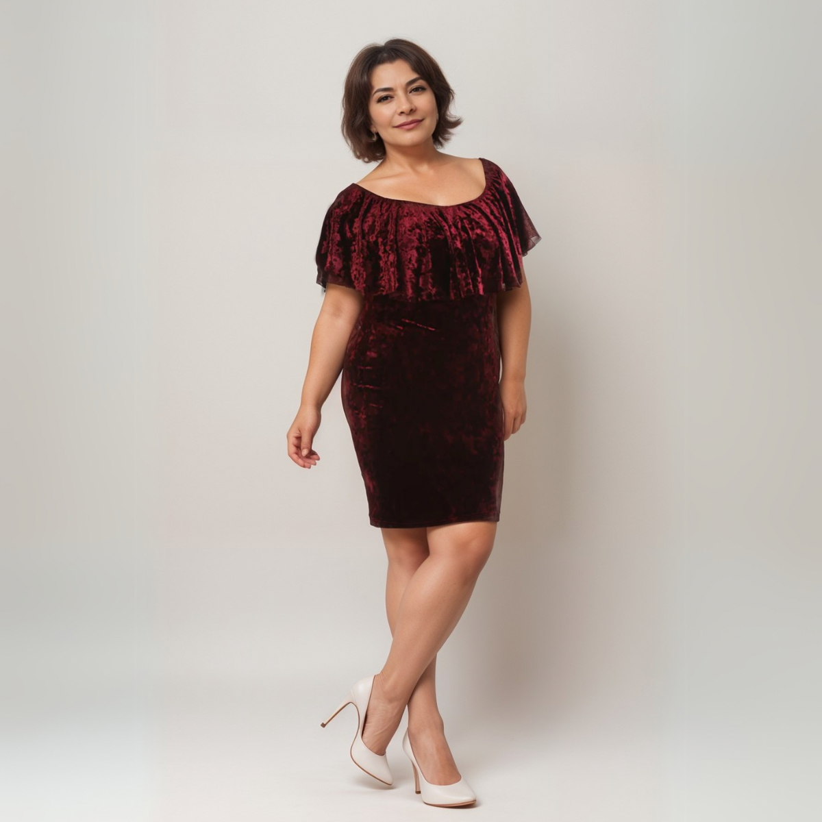 CRUSHED VELVET OFF SHOULDER DRESS