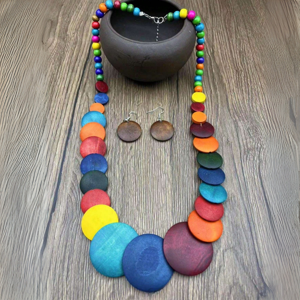 WOODEN MULTI COLOUR NECKLACE AND EARRINGS