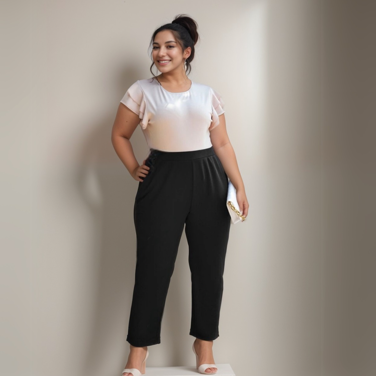 BLACK FLAT FRONT ELASTIC WAIST TROUSERS WITH POCKETS