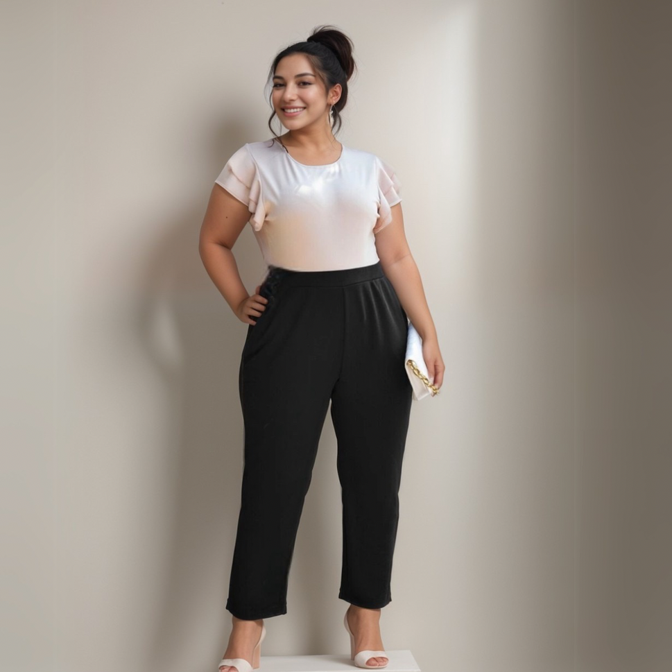 BLACK FLAT FRONT ELASTIC WAIST TROUSERS WITH POCKETS