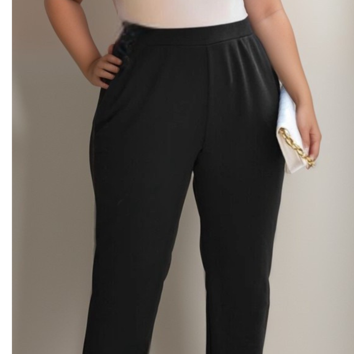 BLACK FLAT FRONT ELASTIC WAIST TROUSERS WITH POCKETS