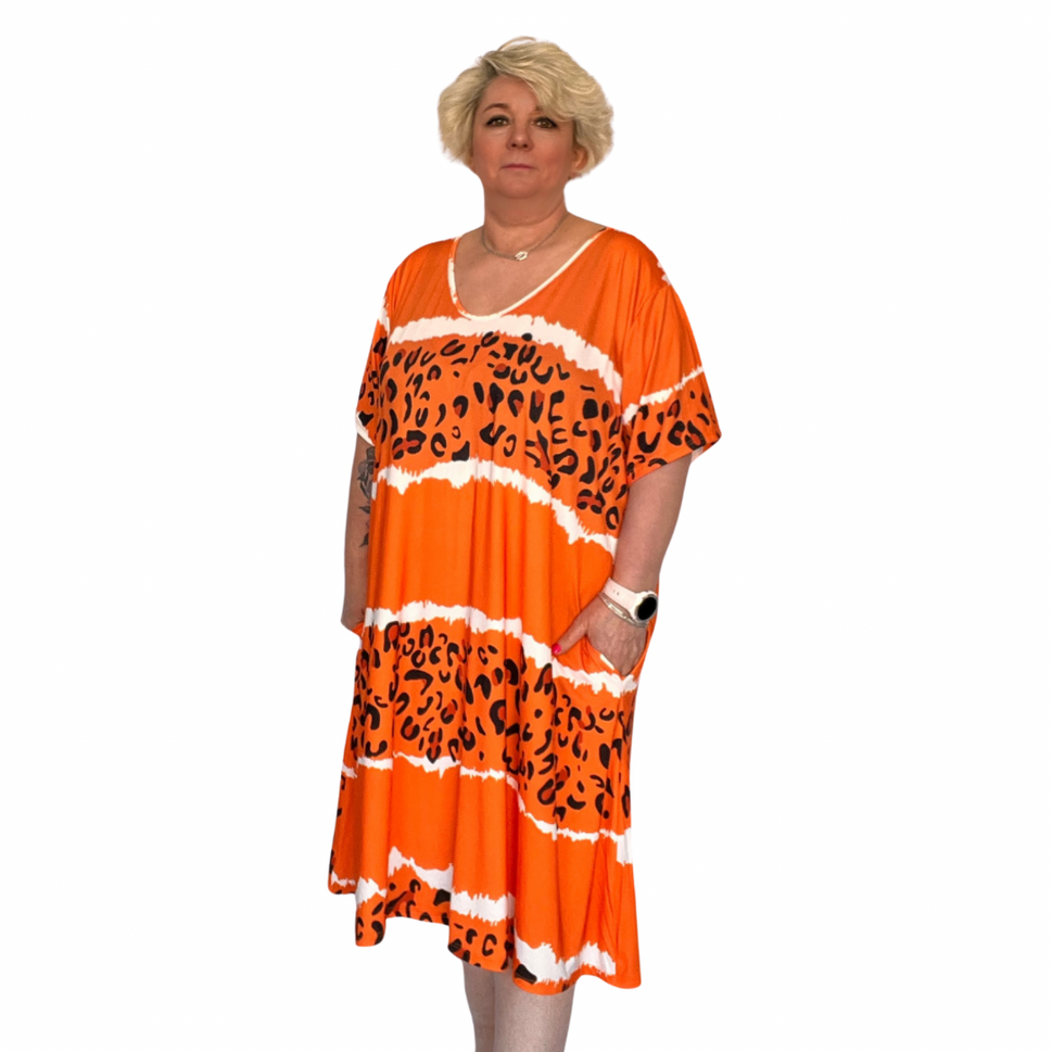 ROCKTHOSECURVES LEOPARD PANEL V NECK SWING DRESS WITH POCKETSOrange / UK 16-18