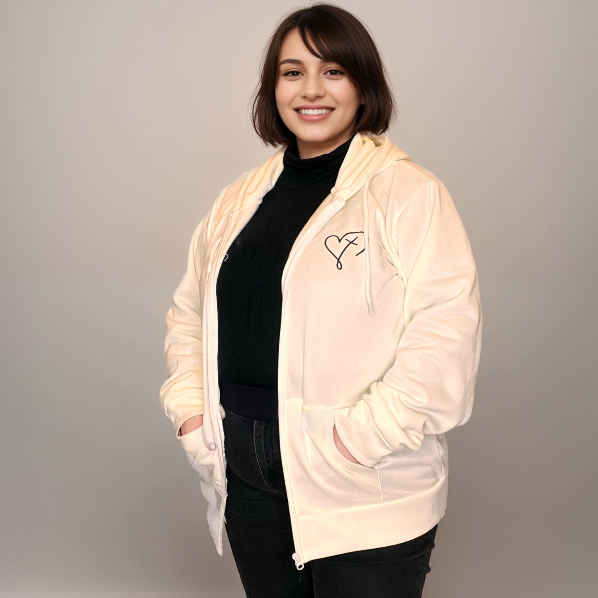 CREAM ZIP UP HOODIE PLUS SIZE JACKET STRONGER LOGO