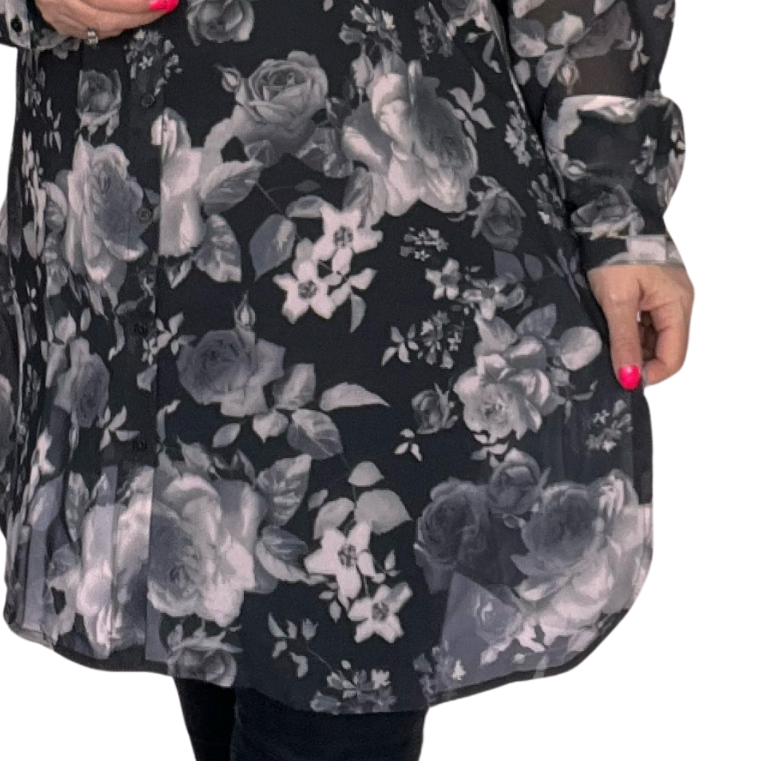 GREY FLORAL LONG LENGTH SHIRT / BLOUSE WITH GRANDAD COLLAR