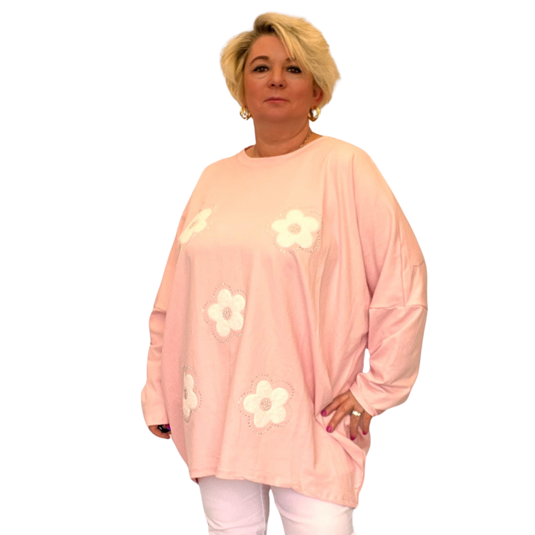 ROCKTHOSECURVES APPLIQUE FLOWER DIPPED HEM LONG SLEEVE TOP