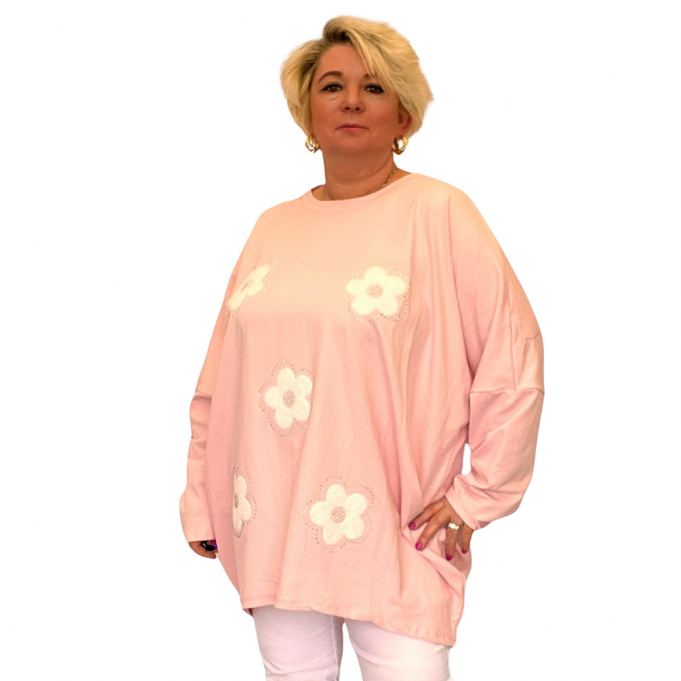 ROCKTHOSECURVES APPLIQUE FLOWER DIPPED HEM LONG SLEEVE TOPPINK / UK 16-18