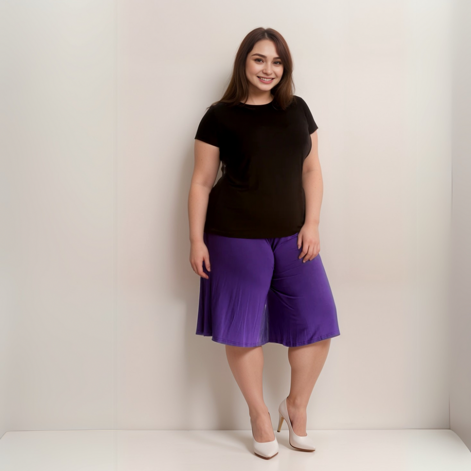 PLAIN ELASTIC HIGH WAIST WIDE LEG CULOTTES SHORTSPURPLE / UK 12-14