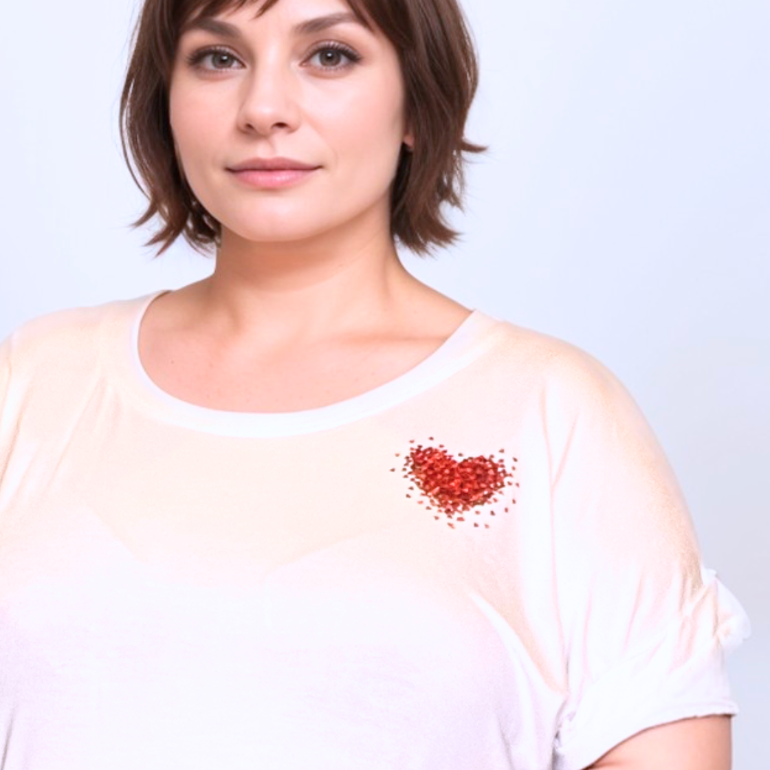 WHITE DIPPED HEM T-SHIRT WITH RED HEART