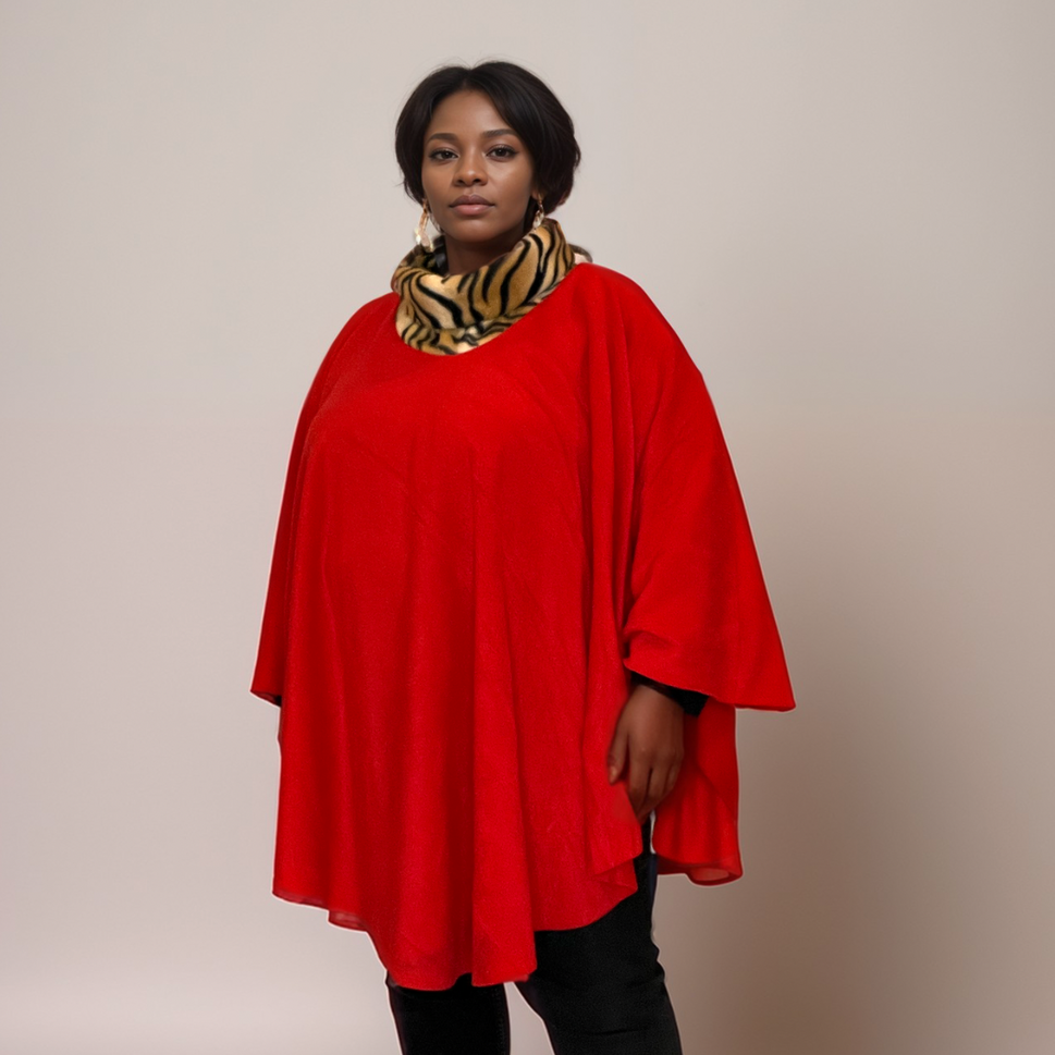 FLEECE POLO NECK OVERSIZED PONCHO / JUMPERRED / ONE SIZE