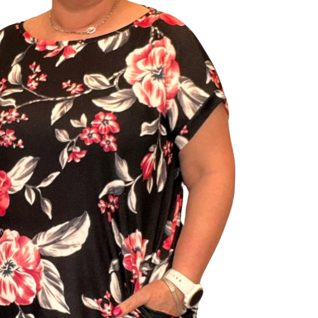 BLACK RED FLORAL DIPPED HEM CAP SLEEVE TOP / T-SHIRT WITH SIDE POCKETS