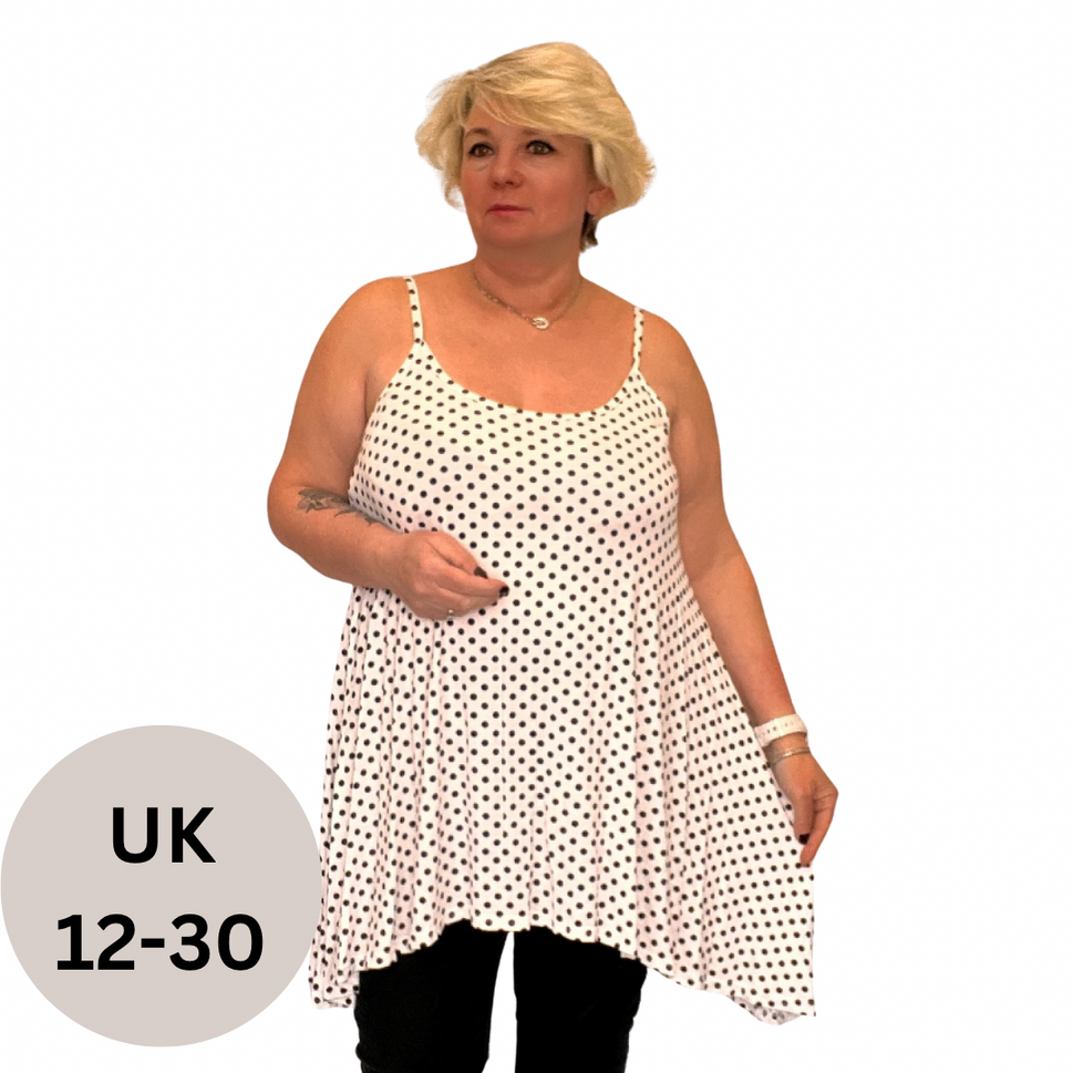 ROCKTHOSECURVES POLKA DOT CAMI VEST SWING TOP WITH HANKY HEMWHITE / UK 12-14