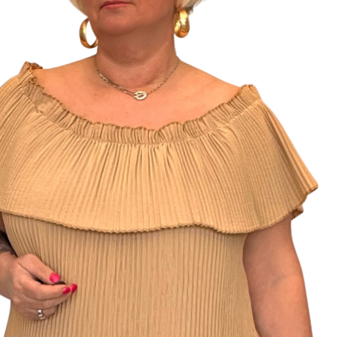 ROCKTHOSECURVES CRINKLED PLEATED LONG OFF SHOULDER TOP