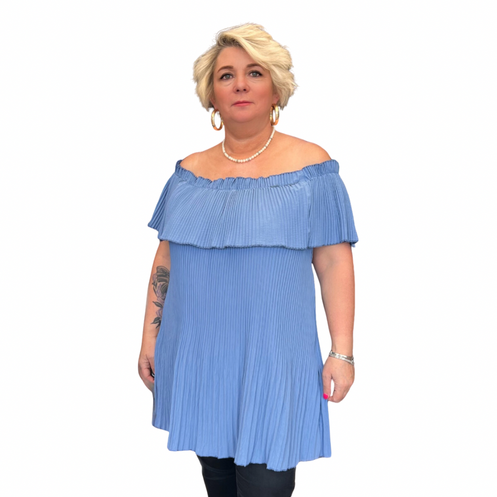 CRINKLED PLEATED LONG OFF SHOULDER TOPBLUE / UK 16-18