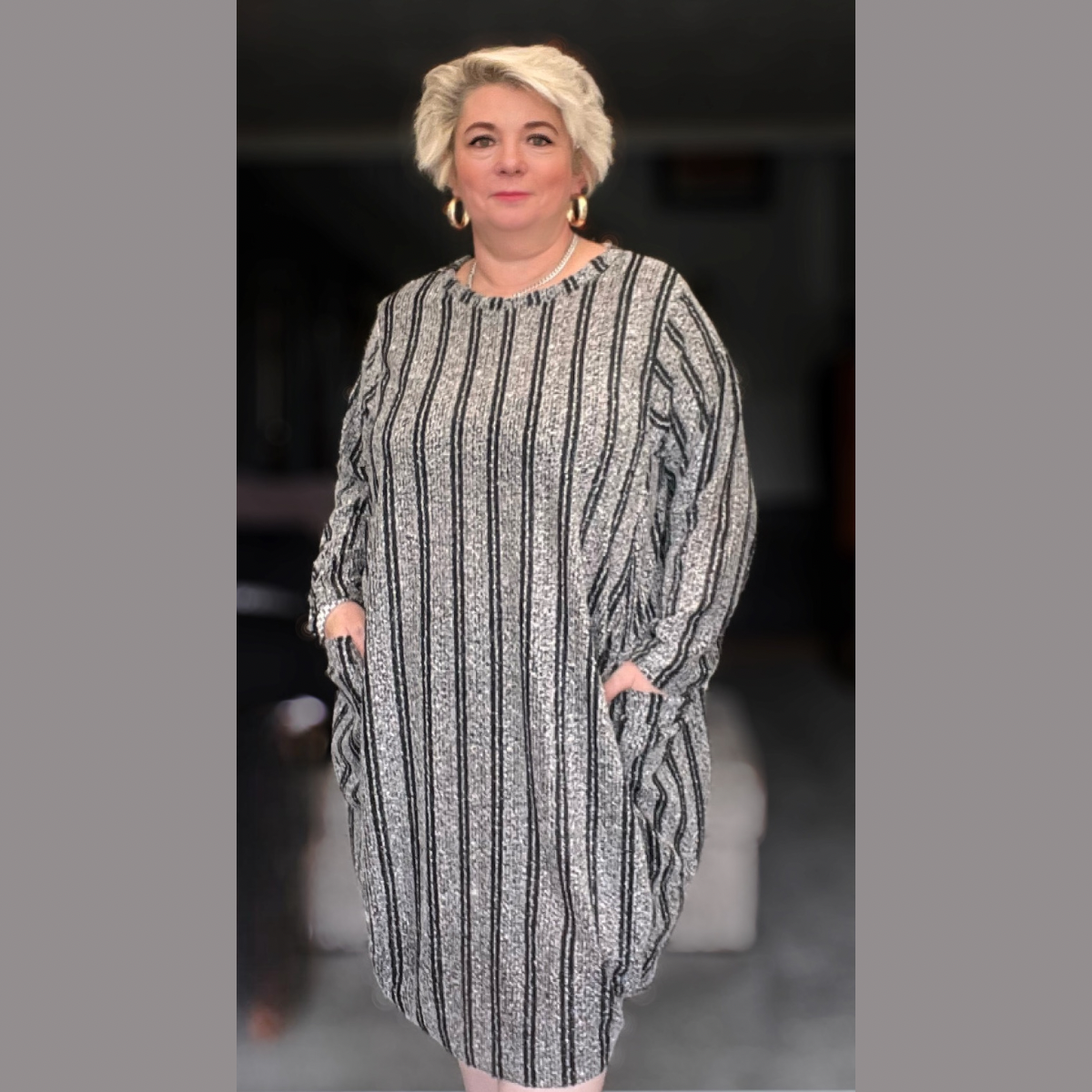 GREY BLACK STRIPED JUMPER DRESS WITH SPARKLY THREAD