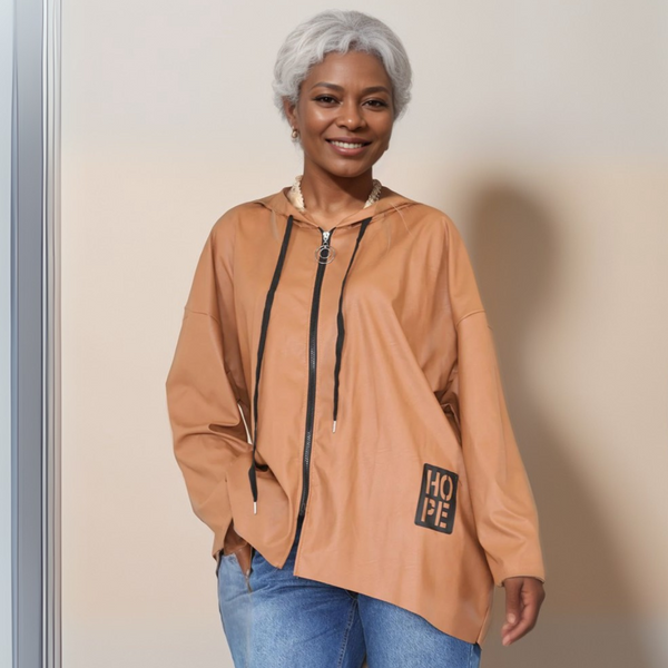 Faux Leather Dipped Hem Jacket / Coat