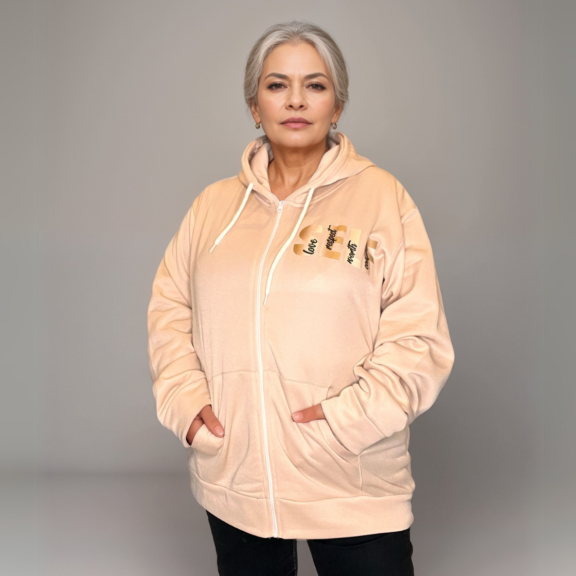 STONE ZIP UP HOODY PLUS SIZE JACKET SELF WORTH