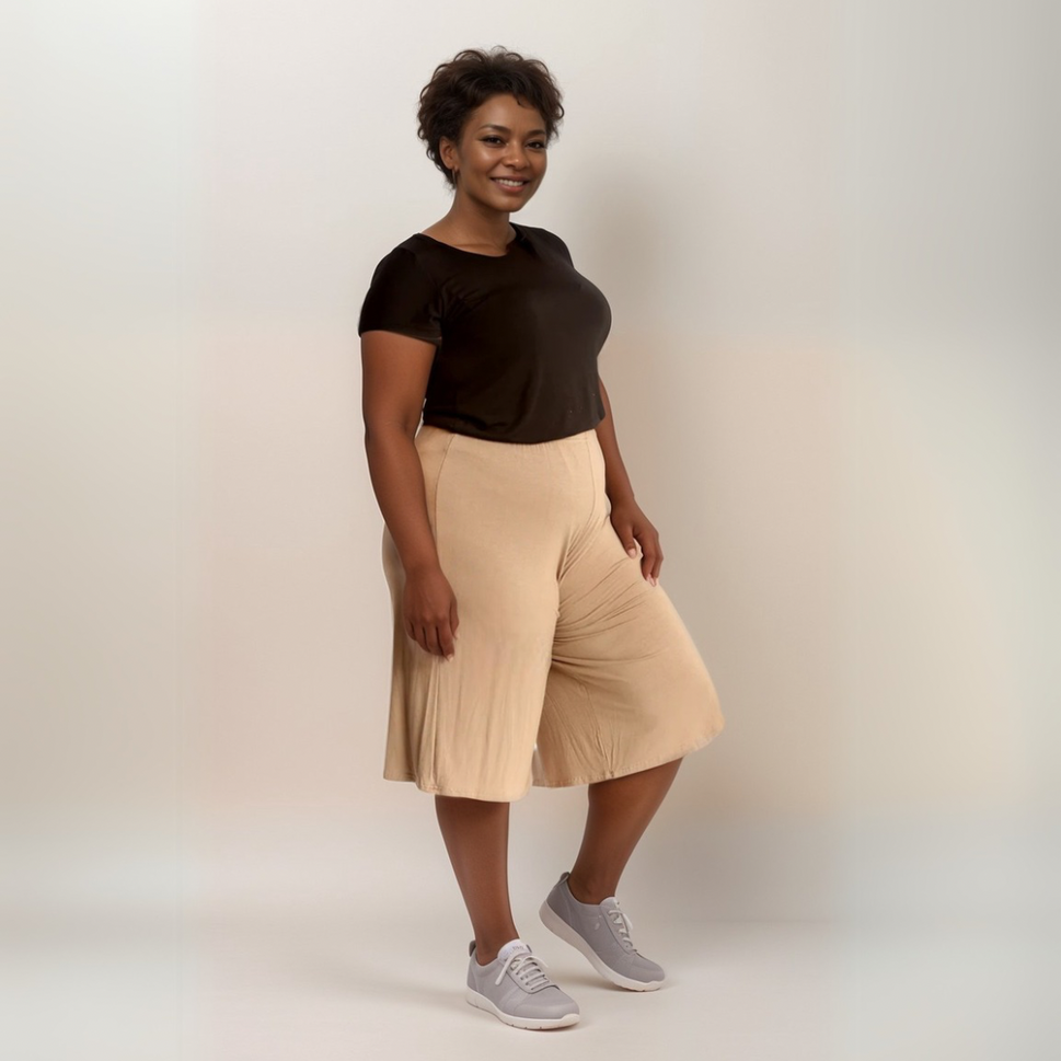 PLAIN ELASTIC HIGH WAIST WIDE LEG CULOTTES SHORTSMOCHA / UK 12-14