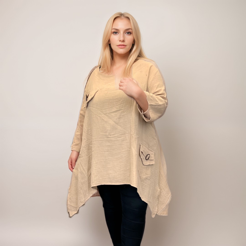 WAFFLE HANKY HEM BLOUSE WITH MOCK POCKETS