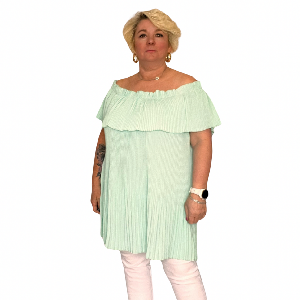 CRINKLED PLEATED LONG OFF SHOULDER TOPMINT / UK 16-18