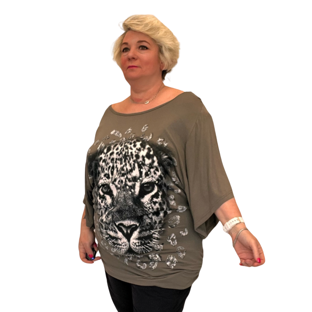 BATWING OVERSIZED TOP OFF SHOULDER SPARKLY LEOPARD PRINT