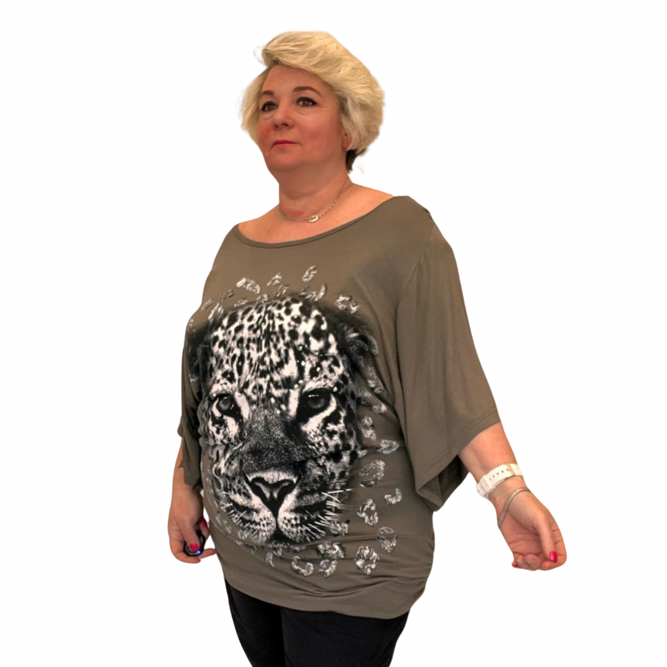 BATWING OVERSIZED TOP OFF SHOULDER SPARKLY LEOPARD PRINTKhaki / UK 12-14