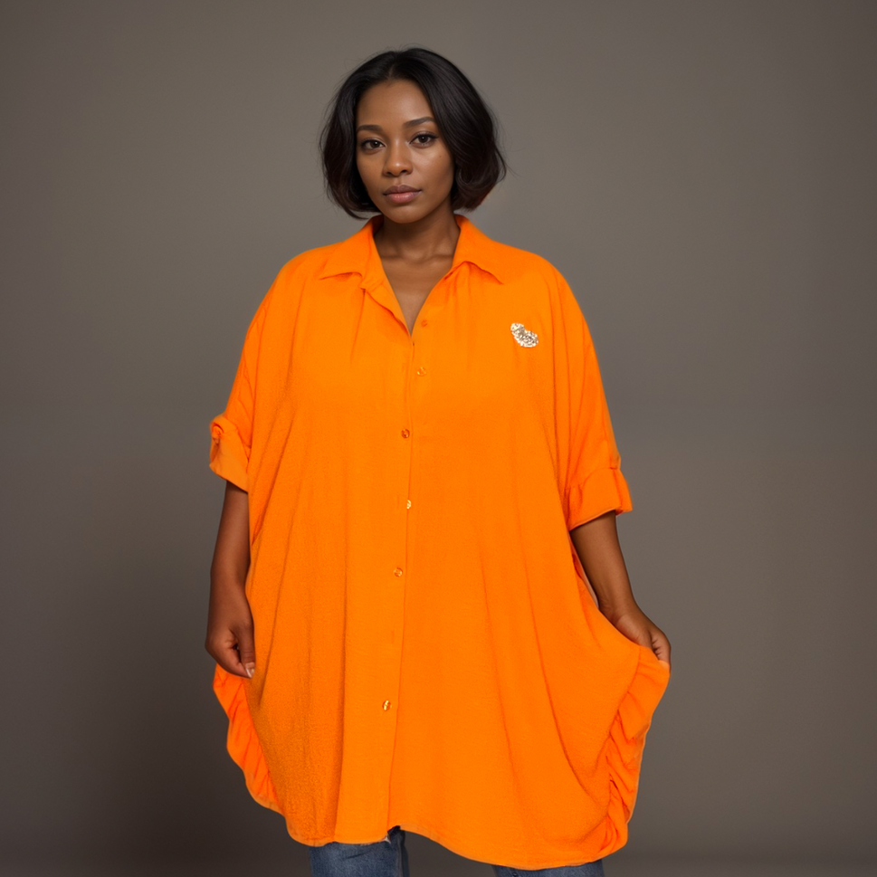 OVERSIZED SHIRT FRILLED SIDES AND SPARKLY HEARTORANGE / ONE SIZE