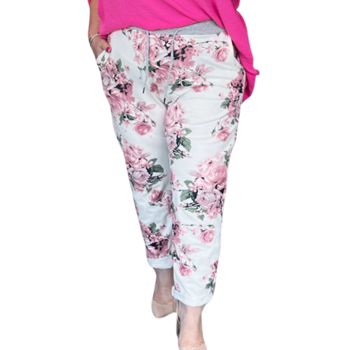 PINK WHITE FLORAL ELASTIC JOGGERS WITH SIDE POCKETS