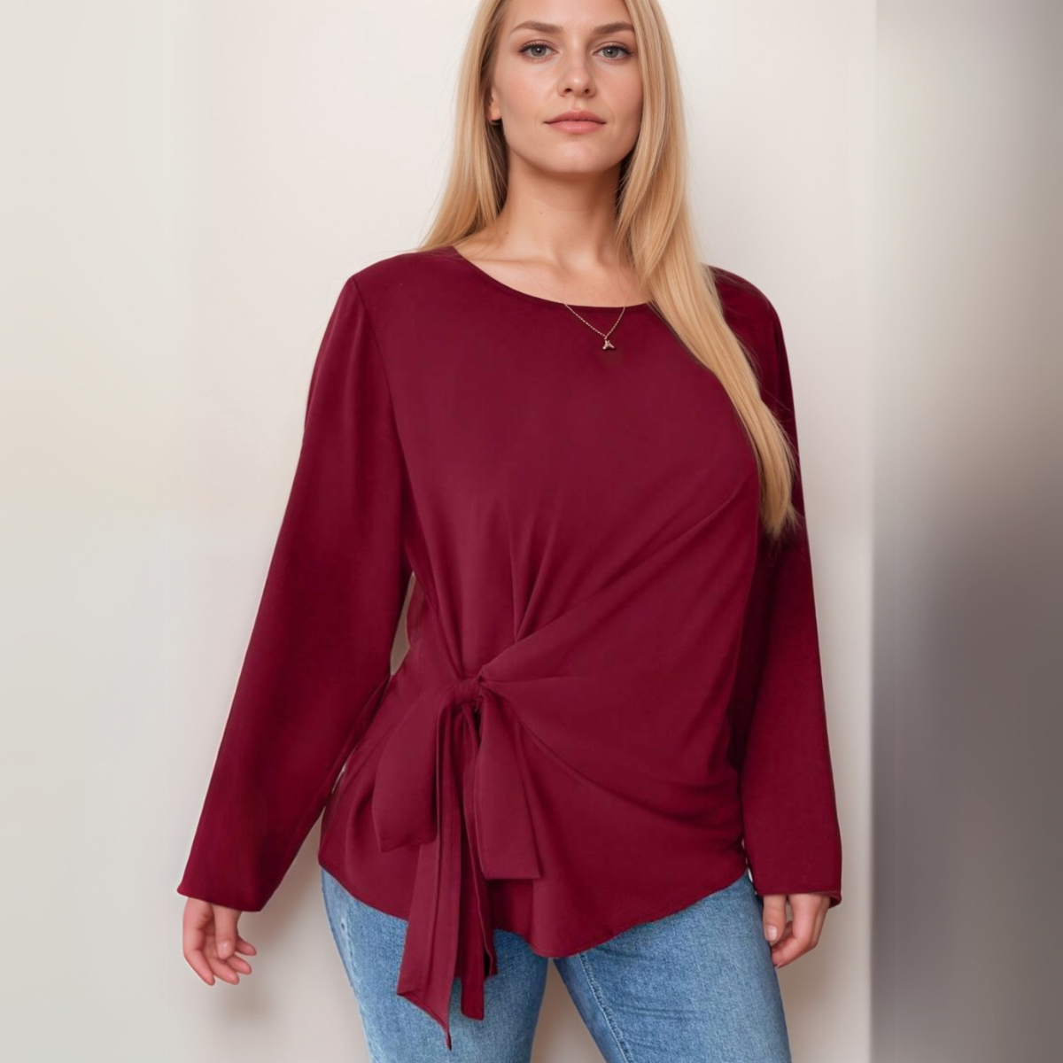 WINE LONG SLEEVE BLOUSE WITH SIDE TIE BELT