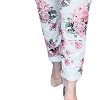 PINK WHITE FLORAL ELASTIC JOGGERS WITH SIDE POCKETS