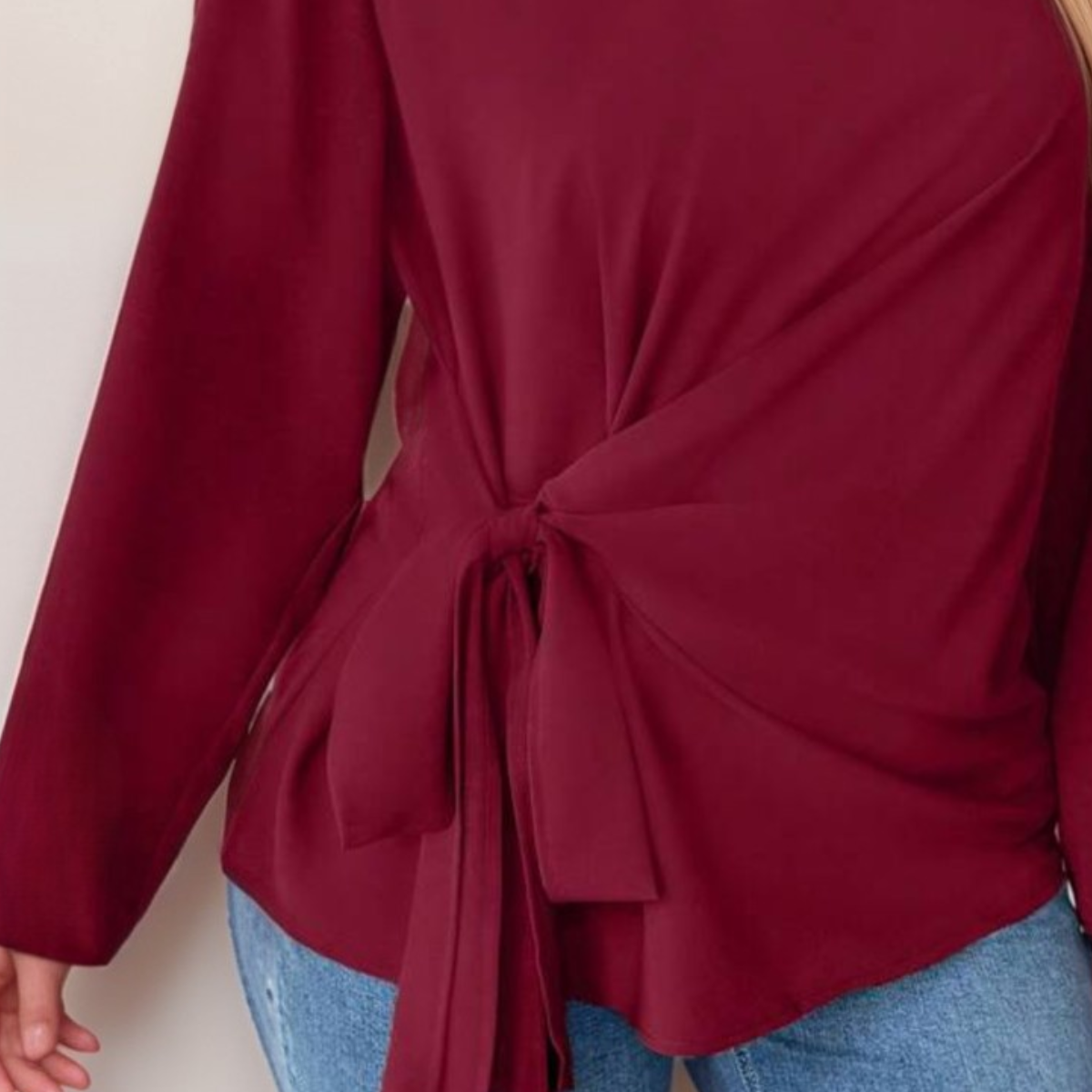 WINE LONG SLEEVE BLOUSE WITH SIDE TIE BELT