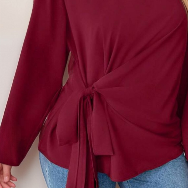 WINE LONG SLEEVE BLOUSE WITH SIDE TIE BELT