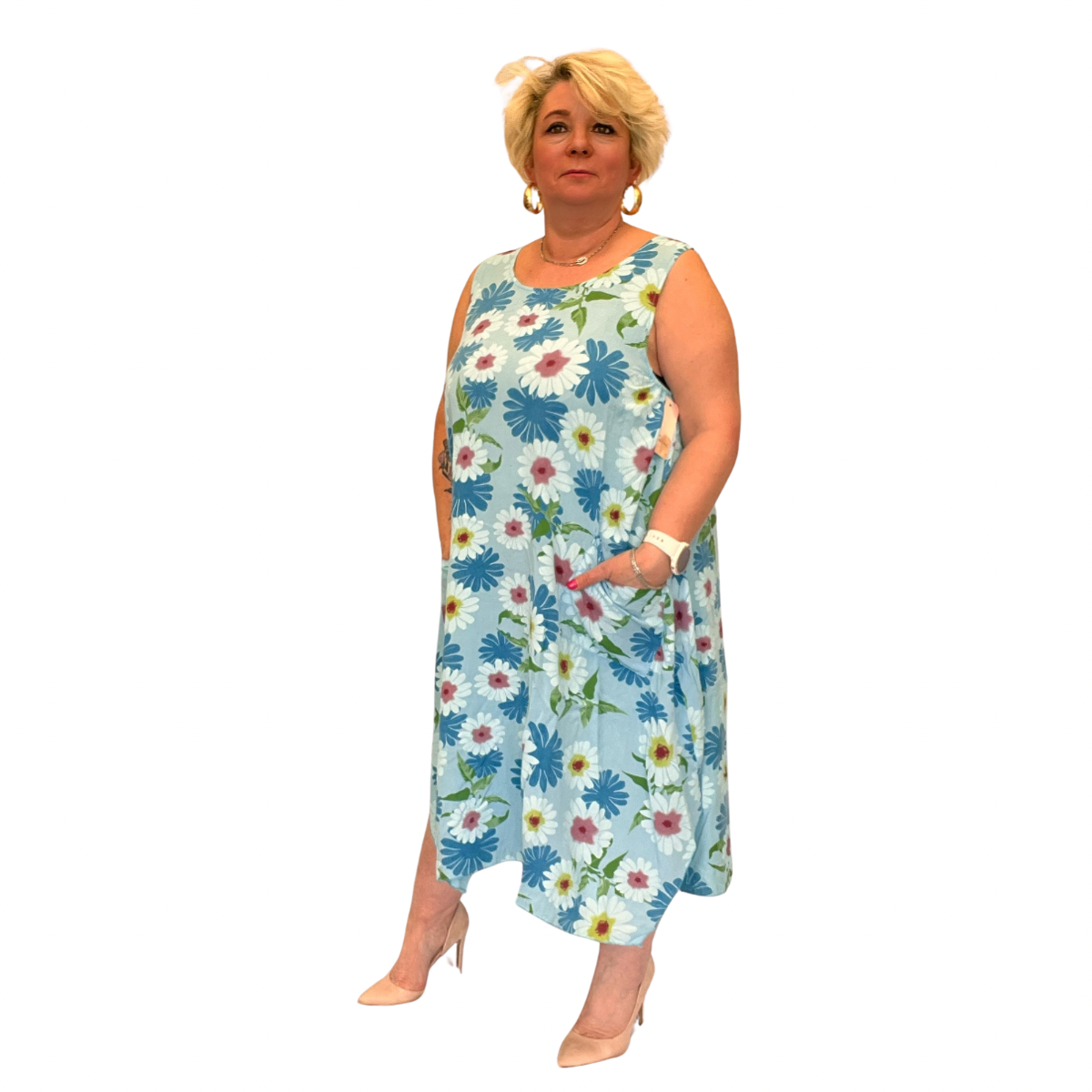 ROCKTHOSECURVES SLEEVELESS LOOSE FITTING DAISY PRINT DRESS WITH POCKETS