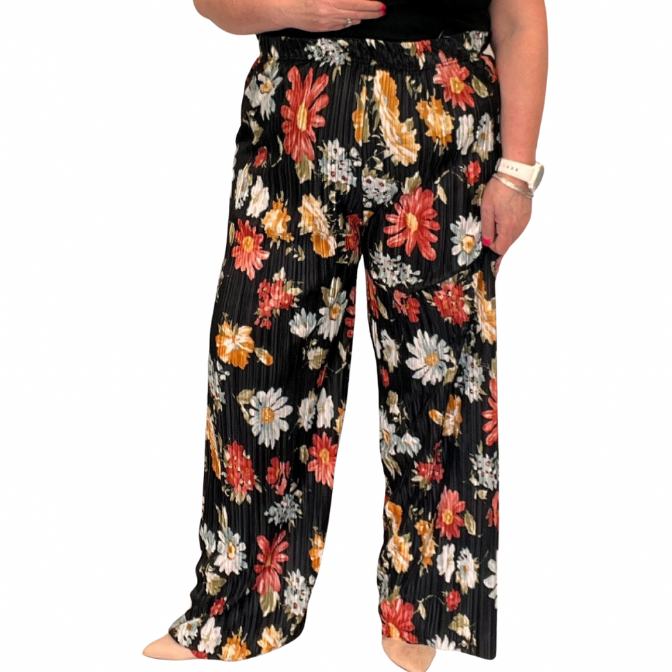 FLORAL CRINKLE PLEATED TROUSERS WITH ELASTICATED WAISTBlack Floral / UK 12-14