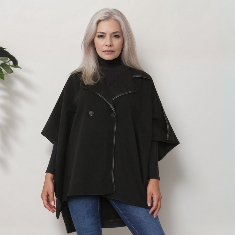 CAPE COAT CONTRASTING TRIM AND BUTTONSBLACK / UK 16-18