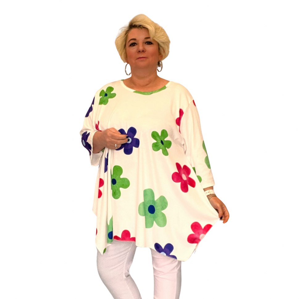 ROCKTHOSECURVES LARGE FLOWER HANKY HEM LONG SLEEVE TOPWHITE / UK 16-18