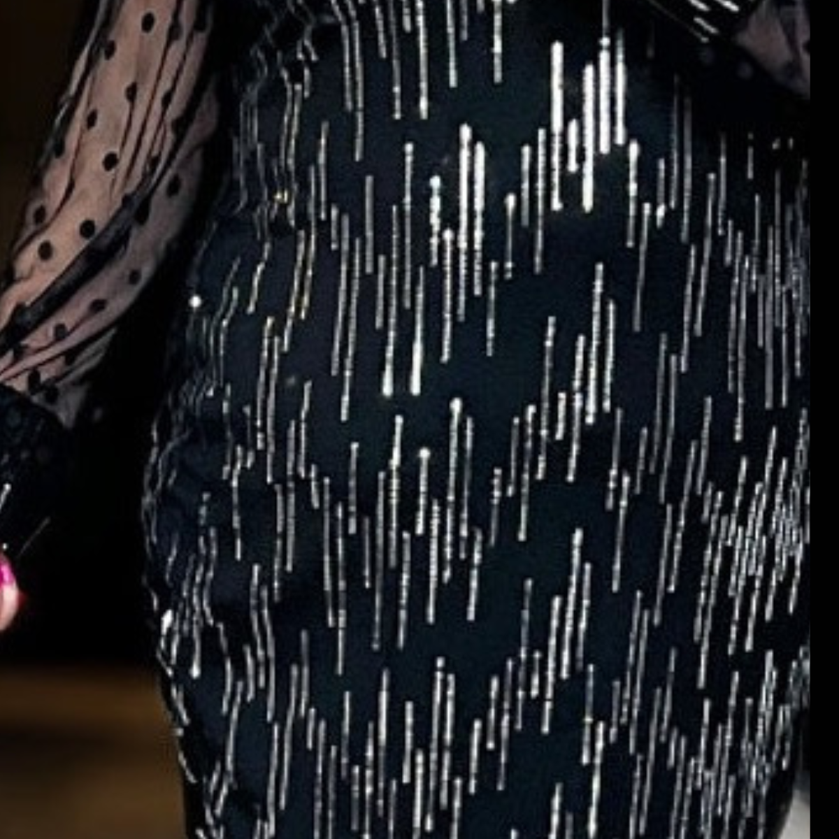 COCKTAIL DRESS WITH NET SLEEVES AND SILVER SEQUINS