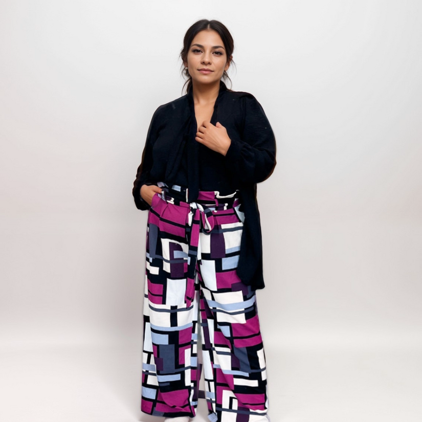 MAGENTA GEO PRINT PALAZZO TROUSERS WITH BELT