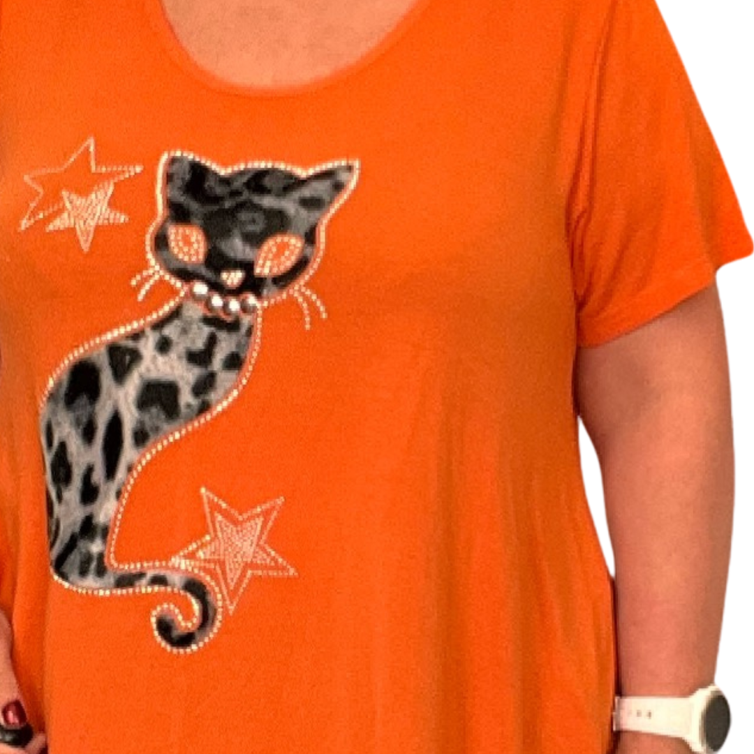 ROCKTHOSECURVES STUDDED CAT HANKY HEM SHORT SLEEVE LONG TOP