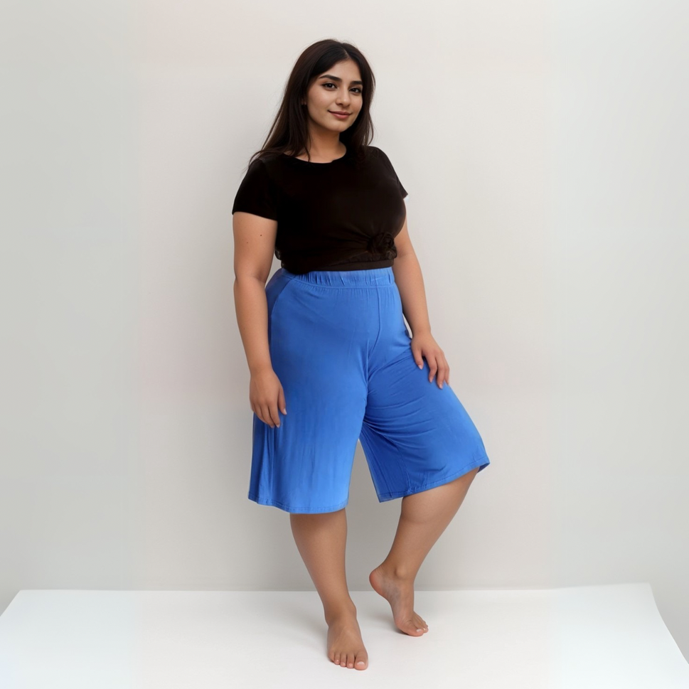 PLAIN ELASTIC HIGH WAIST WIDE LEG CULOTTES SHORTSROYAL BLUE / UK 12-14