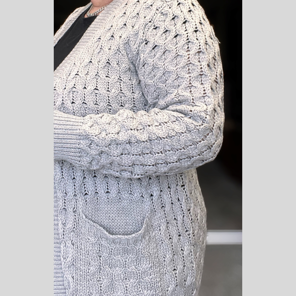 LONG CABLE KNIT OPEN FRONT CARDIGAN + POCKETS