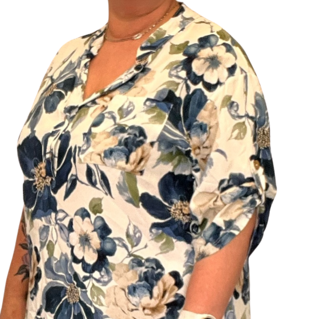 CREAM NAVY FLORAL BUTTON SLEEVE GRANDAD COLLAR SHIRT / BLOUSE