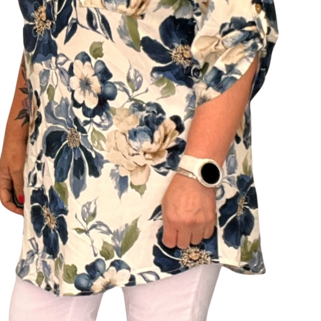 CREAM NAVY FLORAL BUTTON SLEEVE GRANDAD COLLAR SHIRT / BLOUSE