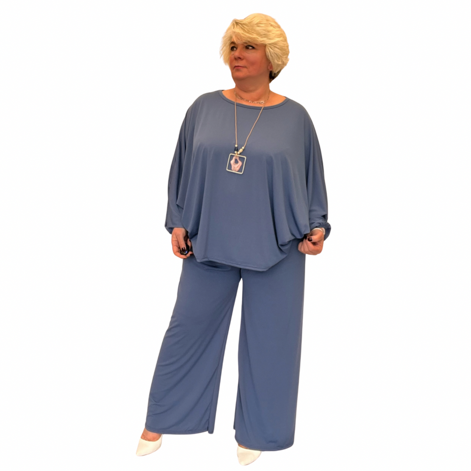 ROCKTHOSECURVES TWO PIECE PALAZZO TROUSERS + BATWING TOP OUTFITDenim Blue / UK 16-18