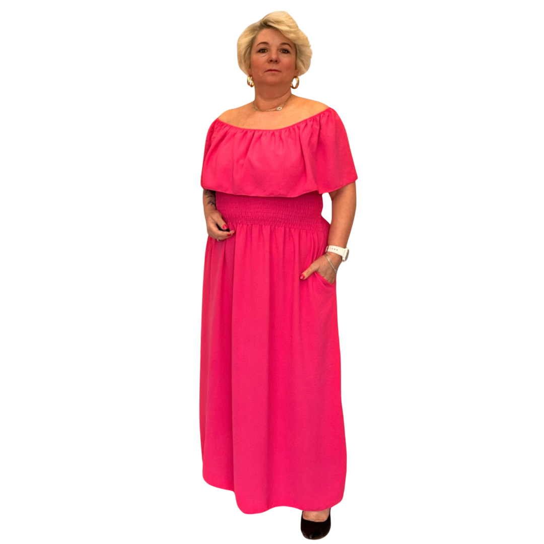 FRILLED OFF SHOULDER SIDE POCKETS SHORT SLEEVE MAXI DRESS