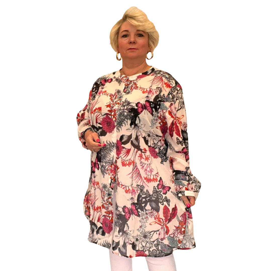 WHITE FLORAL LONG LENGTH SHIRT / BLOUSE WITH GRANDAD COLLAR