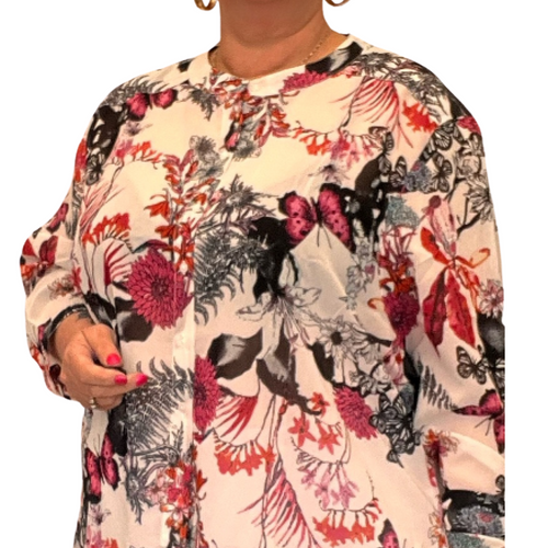 WHITE FLORAL LONG LENGTH SHIRT / BLOUSE WITH GRANDAD COLLAR