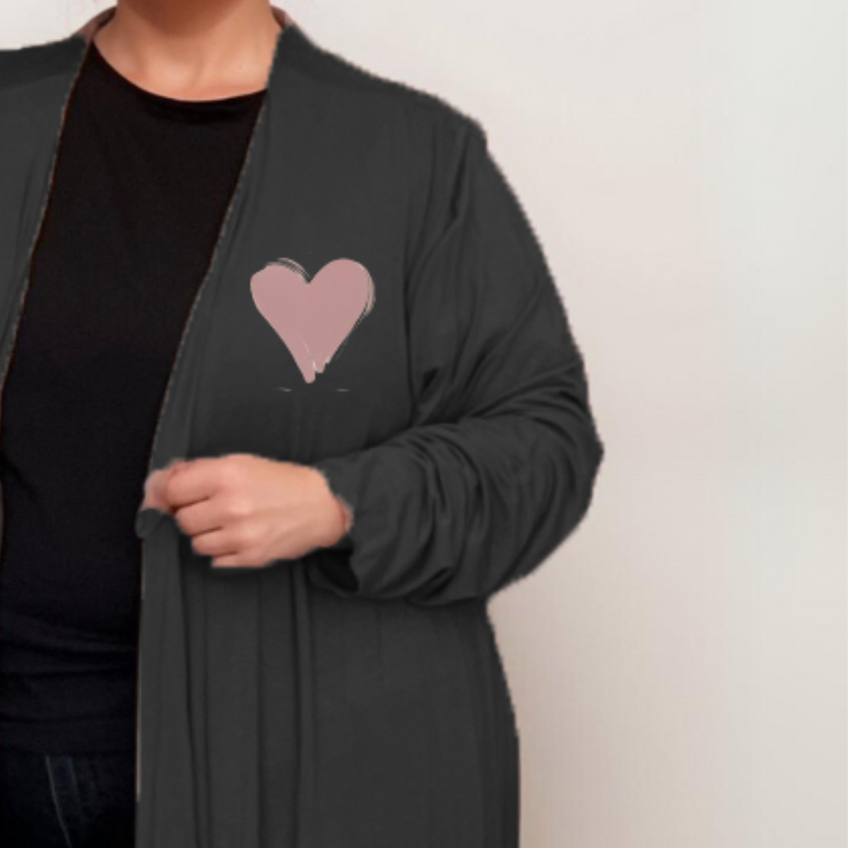 BLACK WATERFALL CARDIGAN WITH PINK HEART