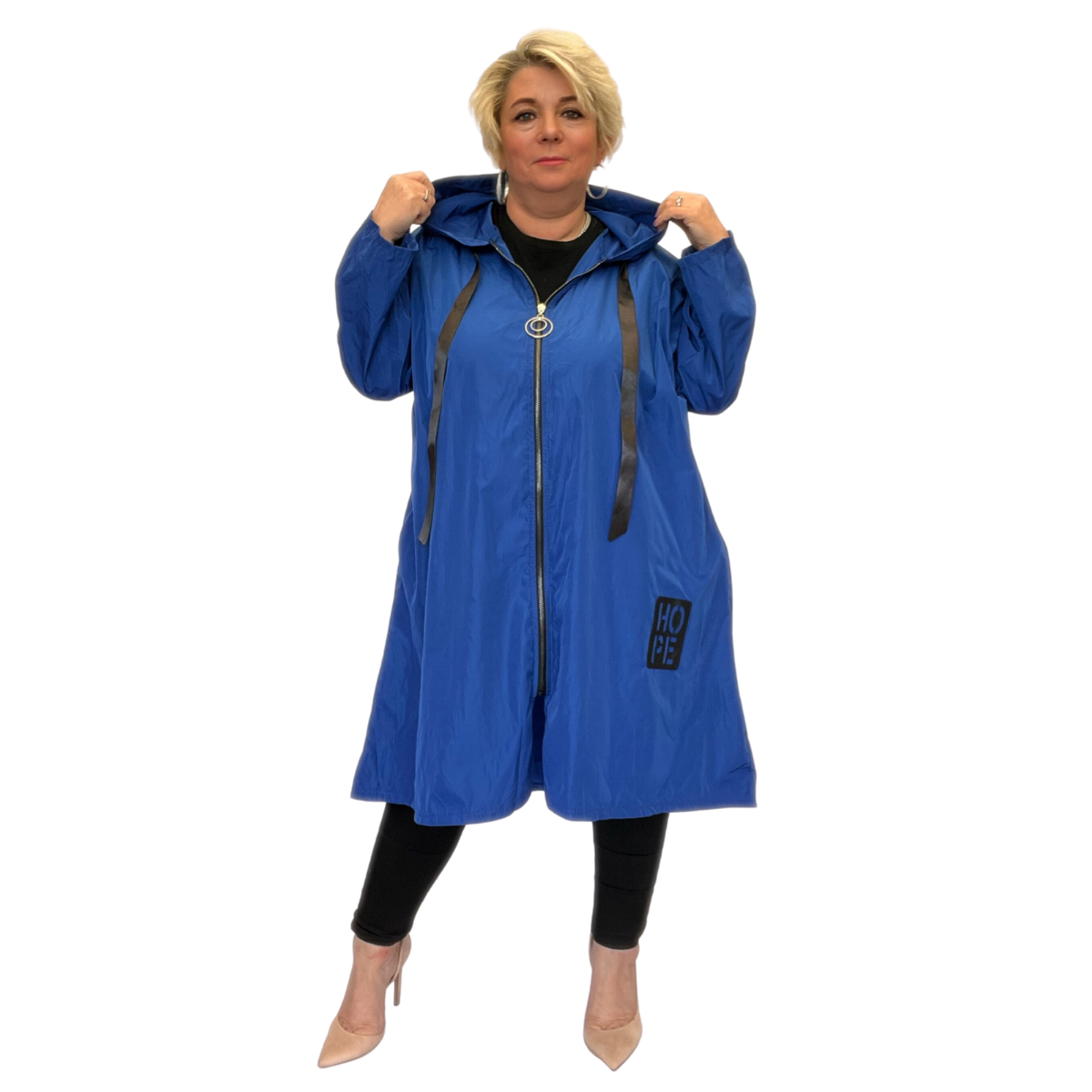 A LINE LOOSE FITTING DIPPED HEM JACKET MAC COAT WITH HOOD PLUS